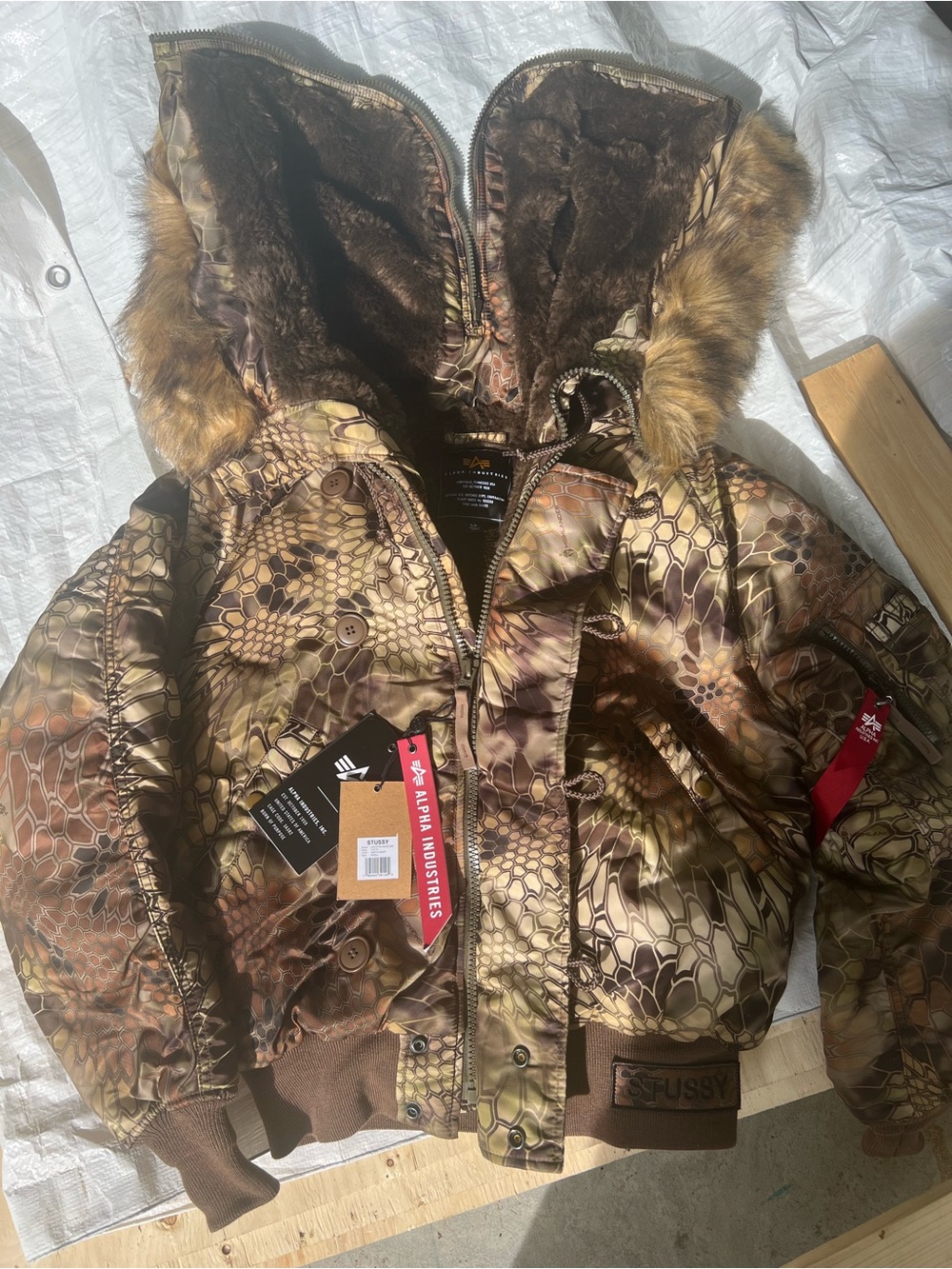 Stussy X Alpha industries Camo N2B flight bomber Jacket with Faux Fur Hood Trim